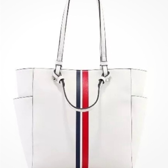 ALFANI Teklah Vertical Stripe Tote Bag White w/ Red and Navy stripe in center